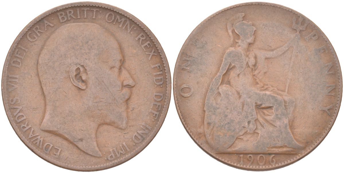 Великобритания 1 пенни 1906 Эдуард VII (1901-1910) KM 794.2, Spink 3990 бронза 4162-544
