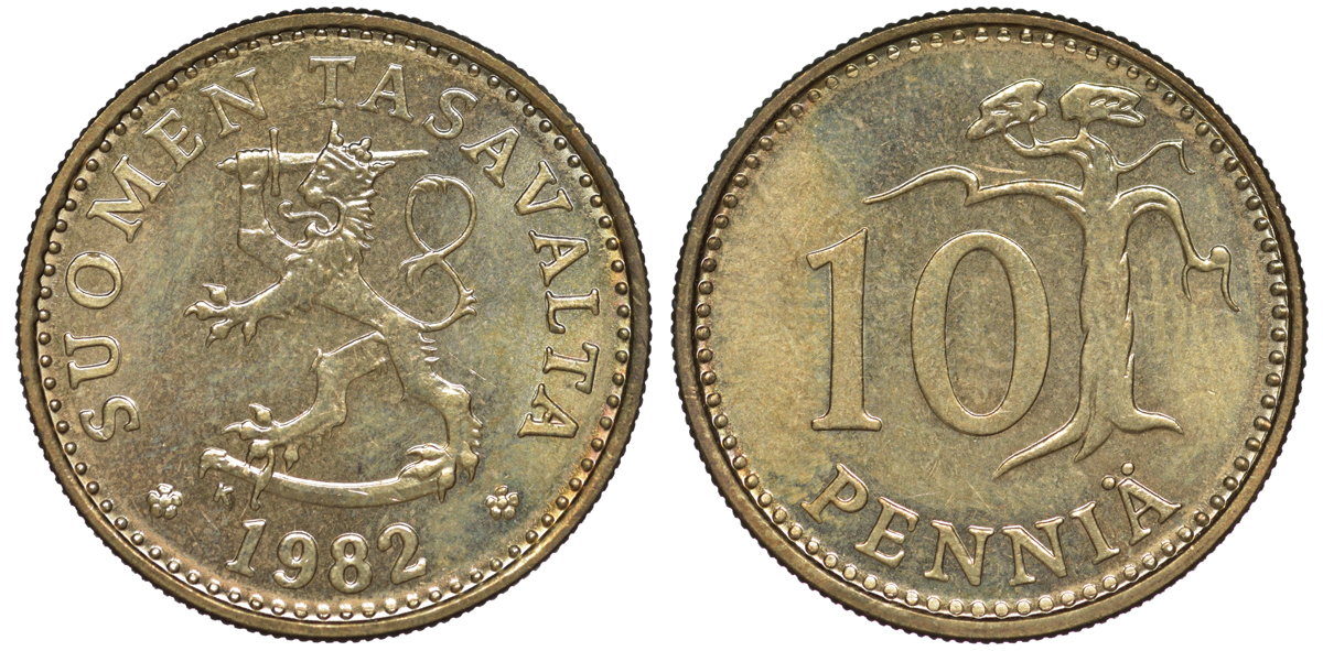 ФИНЛЯНДИЯ 10 ПЕННИ 1982 K KM 46 алюминиевая бронза 3334-1139