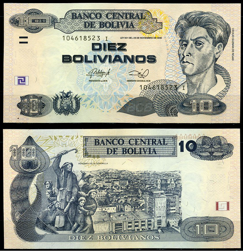 Боливия 10 боливиано 1986 (2011-2013) Сесилио Гусман де Рохас, Heroinas de la Coronilla Pick 238A  бумага  UNC (пресс) 447-130-2