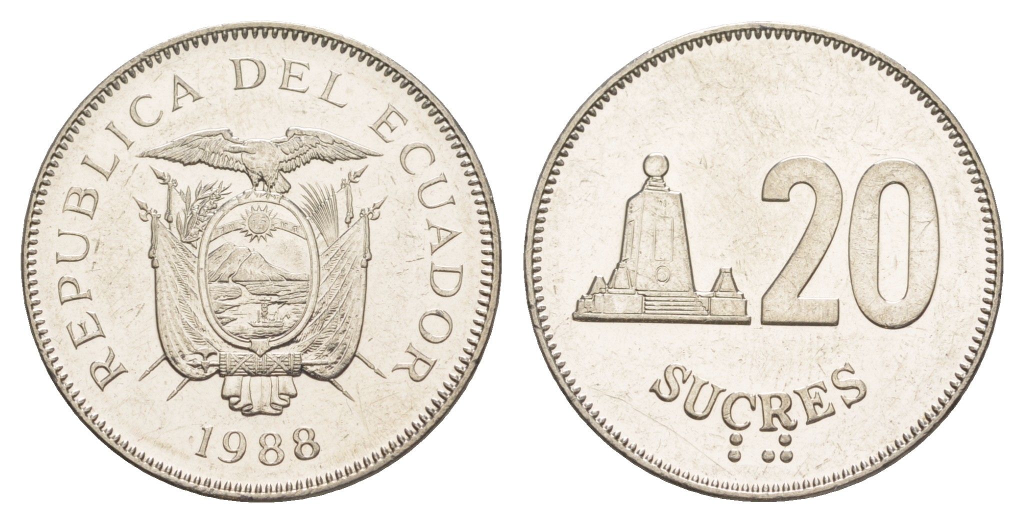 Эквадор 20 сукре 1988 KM 94.1 сталь плакированная никелем UNC 4641-721