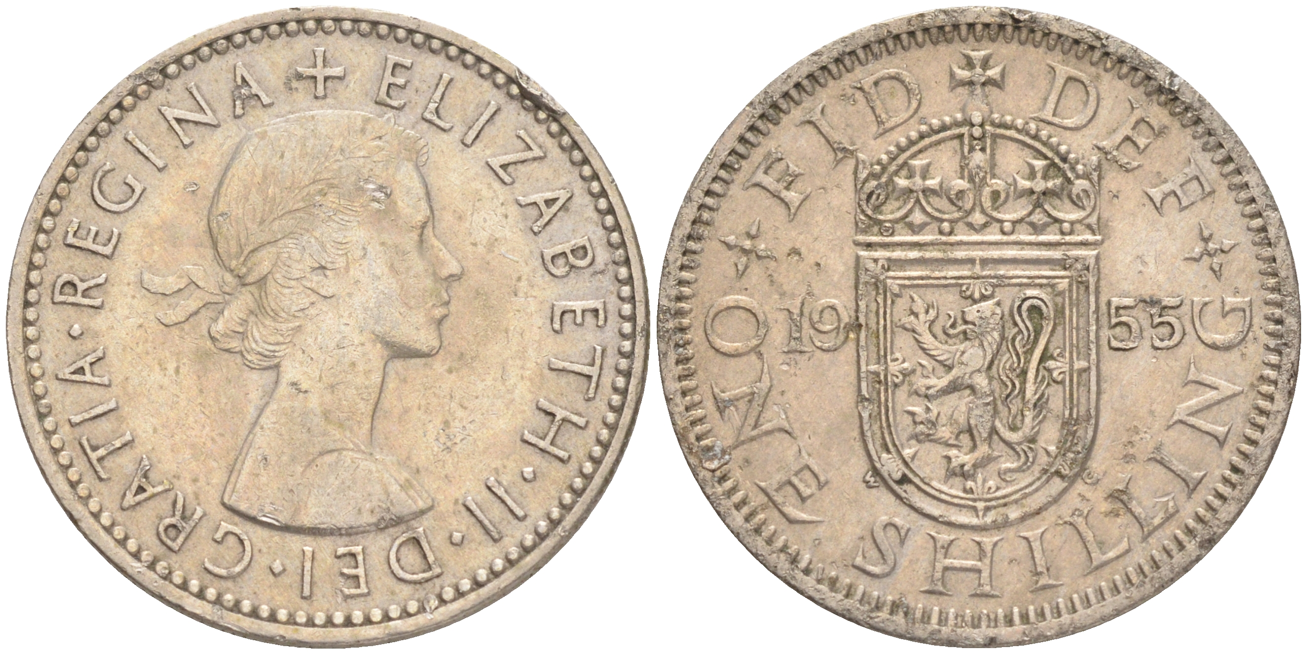 Великобритания 1 шиллинг 1955 Елизавета II (1952-2022), Шотландский герб KM 905, Spink 4148 медно-никель 4556-624