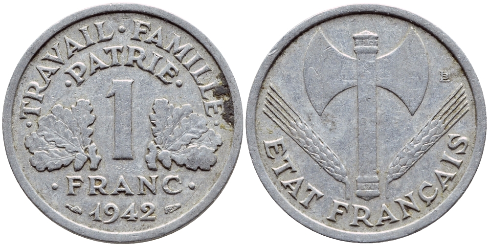 ФРАНЦИЯ 1 ФРАНК 1942 LB, ТИП LOURDЕ, ПРАВИТЕЛЬСТВО ВИШИ KM 902.1, LE FRANC 222.2 алюминий 4397-643