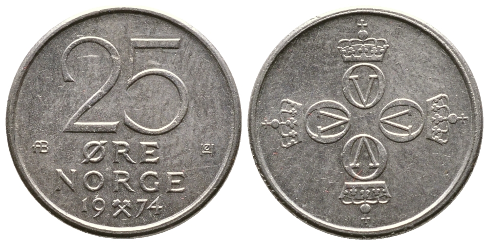 НОРВЕГИЯ 25 ЭРЕ 1974 U KM 417 медно-никель 177-1258