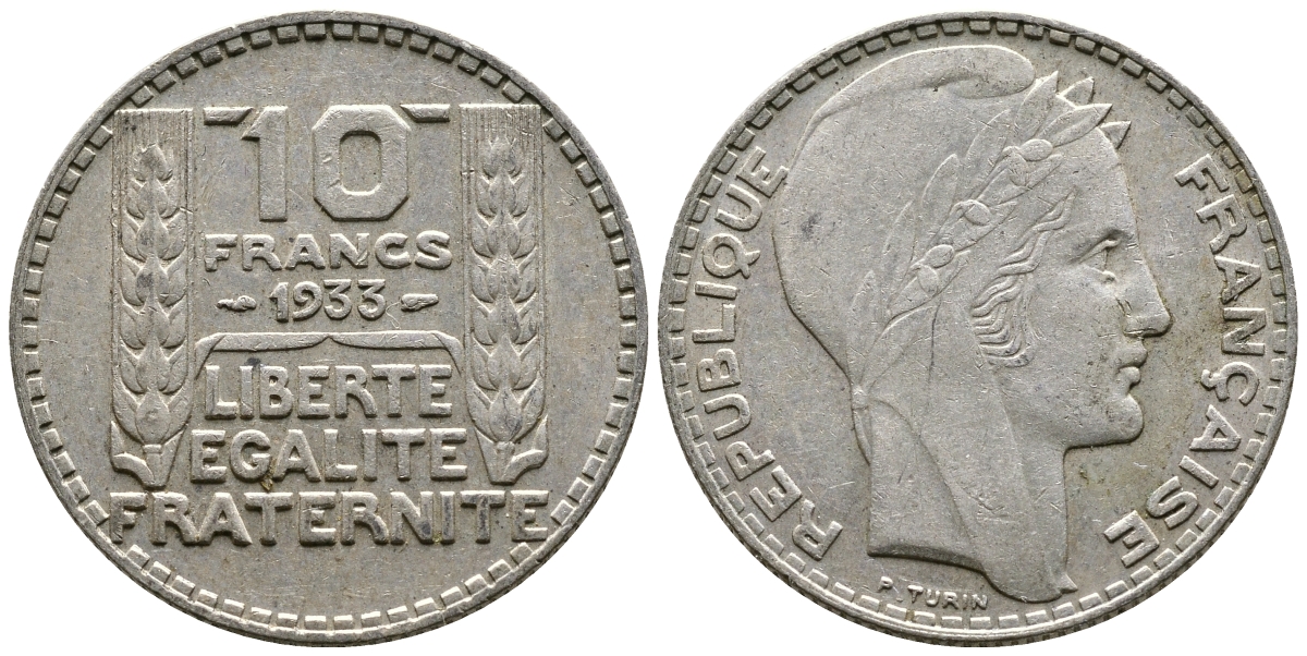 Франция 10 франков 1933 Пьер Тюрен KM 878, Le Franc 360.6 серебро 63-721