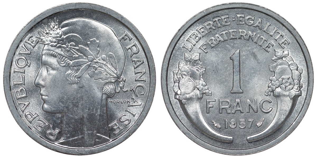Франция 1 франк 1957 тип Morlon KM 885а.1, Le Franc 221.19 алюминий 4128-335