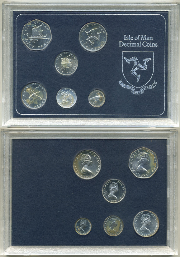 Остров Мэн набор из 6 монет 1976 в оригинальной пластиковой упаковке, с сертификатом, тираж 10000 экземпляров KM PS 9 (KM 33a-34a, 35.1a-36.1a, 39a, 40a) серебро  PROOF  3-6-2-21