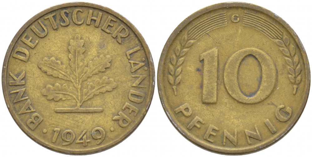 ФРГ 10 ПФЕННИГОВ 1949 G KM 103, J.378 сталь плакированная латунью 4539-1047