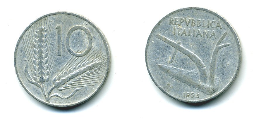 Италия 10 лир 1953 R, плуг, колосья KM 93 алюминий 23-1144