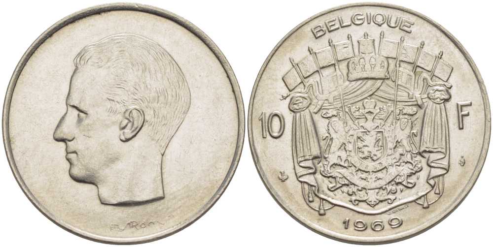 Бельгия 10 франков 1969 Belgique, Бодуэн I (1951-1993) KM 155.1 никель 38-641