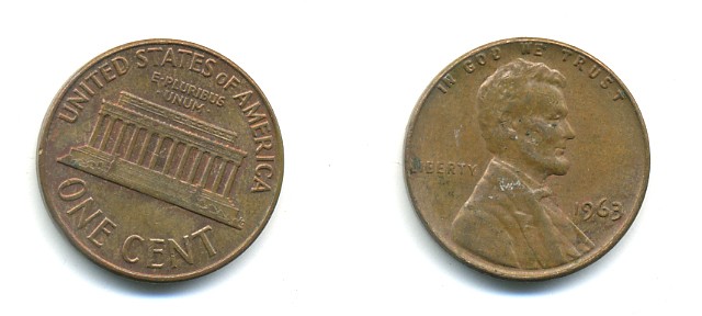 США 1 ЦЕНТ 1963 ЛИНКОЛЬН KM 201 медь цинк 76-565
