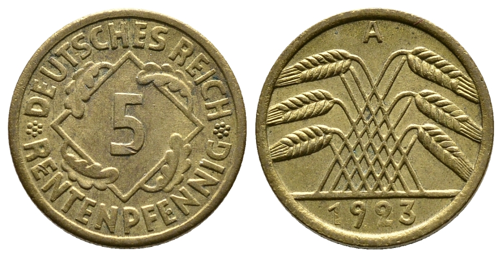 ГЕРМАНИЯ 5 РЕНТЕНПФЕННИГОВ 1923 A, KM 32, J. 308 алюминиевая бронза 4380-1018