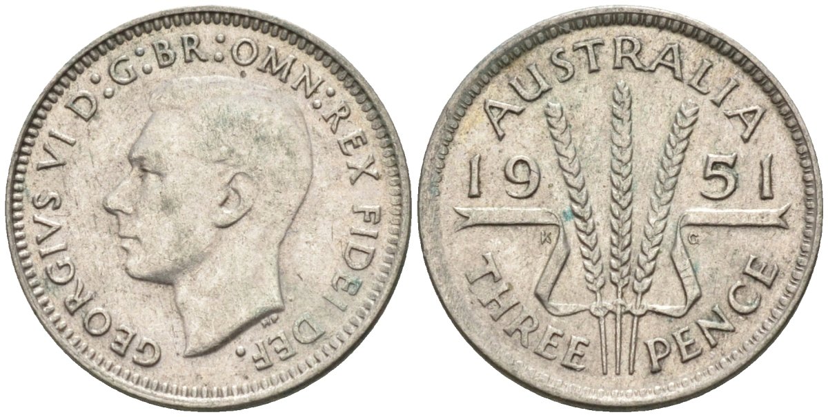 Австралия 3 пенса 1951 KG, Георг VI (1937-1952) KM 44 серебро 4585-527