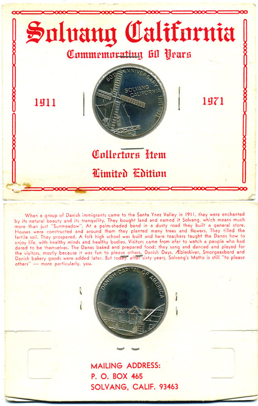 США МЕДАЛЬ 1971 SOLVANG CALIFORNIA ДАТСКАЯ СТОЛИЦА АМЕРИКИ, В ОРИГИНАЛЬНОМ БУКЛЕТЕ, С ОПИСАНИЕМ медно-никель UNC 06-081-59