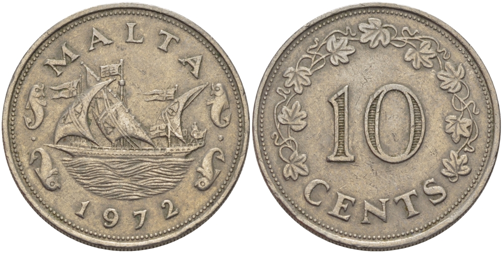 Мальта 10 центов 1972 баржа Великого магистра KM 11 медно-никель 82-512