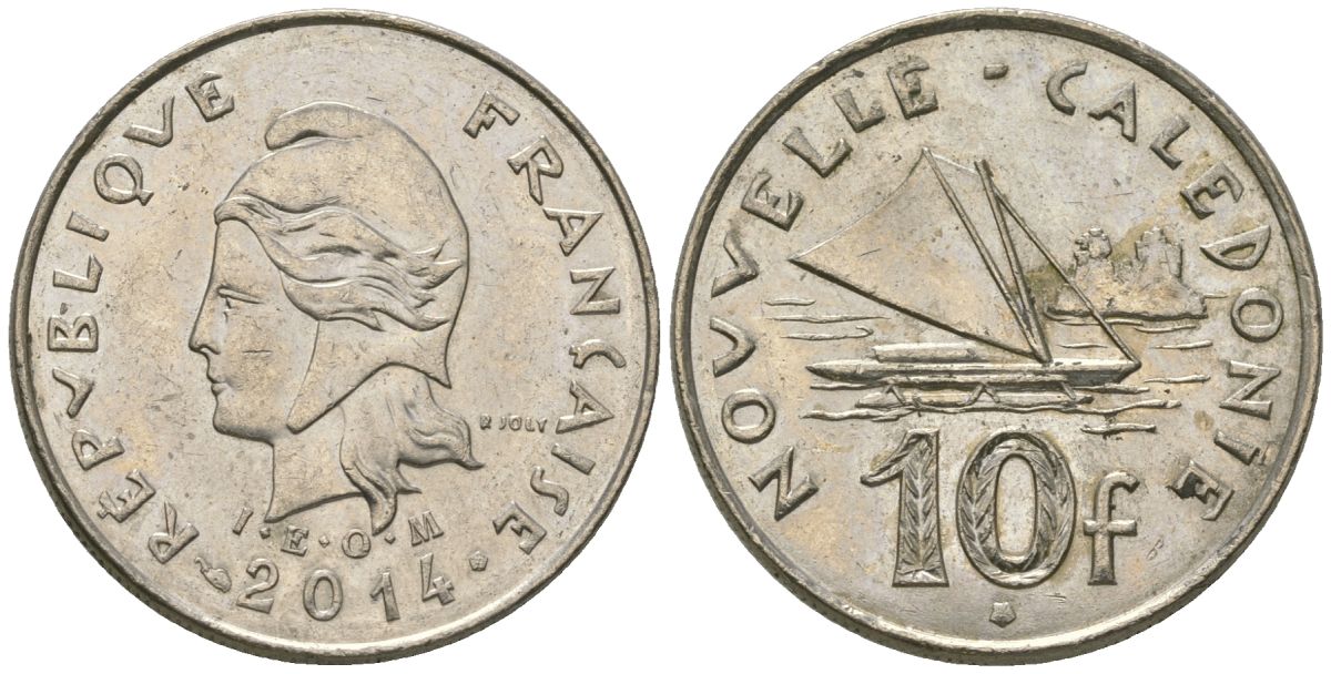 Французская Новая Каледония 10 франков 2014 рыбачья парусная лодка, (IEOM) KM 11a, Schoen 13a, Lec 99k медно-никель 67-1141
