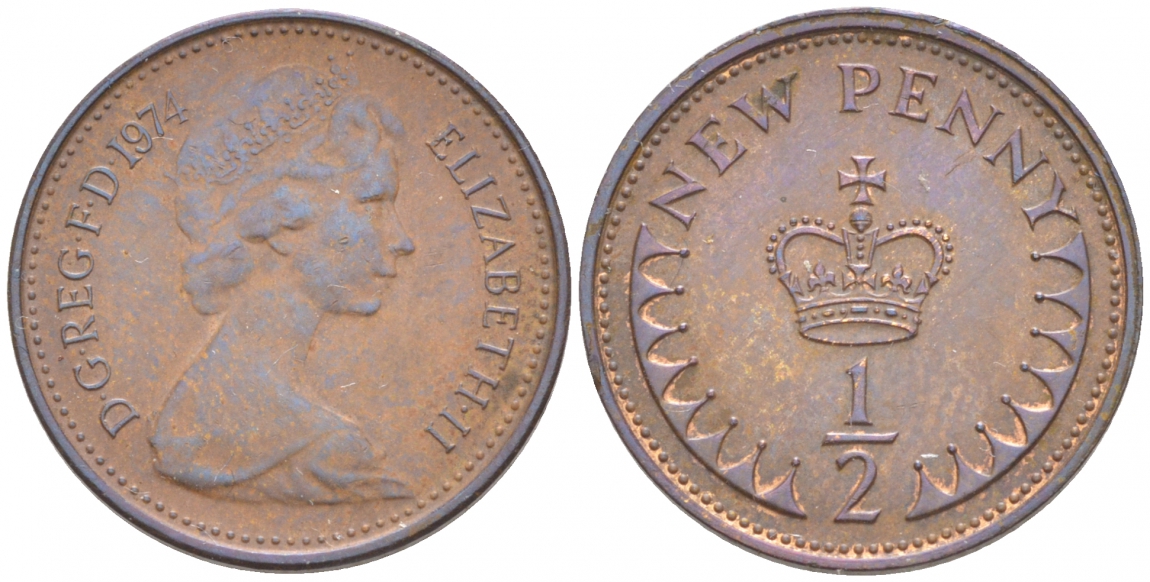 Великобритания 1/2 пенни 1974 Елизавета II (1952-2022) KM 914, Spink 4239 бронза 4549-222