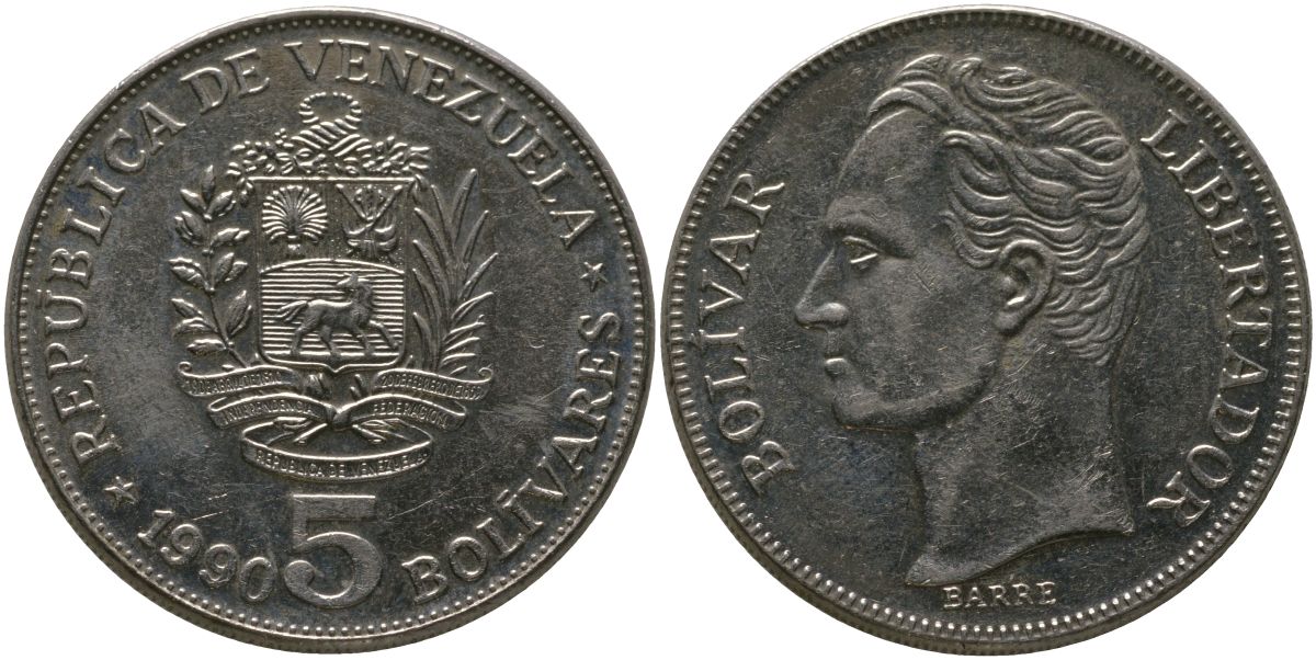 Венесуэла 5 боливаров 1990 KM 53a.1 сталь плакированная никелем 4565-242