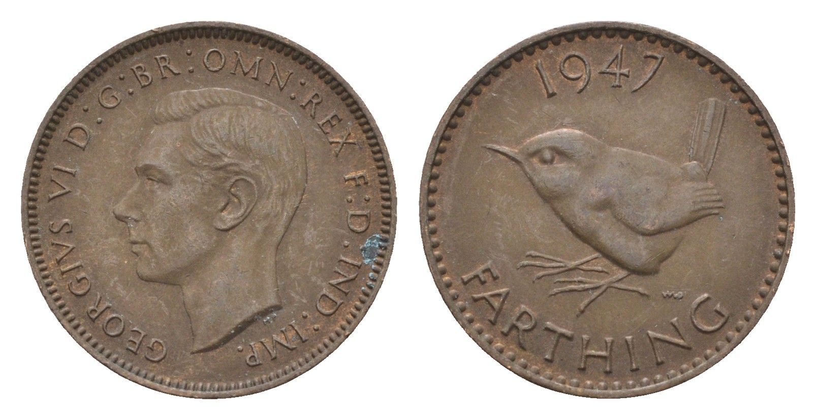 Великобритания 1 фартинг 1947 Георг VI (1936-1952) KM 843, Spink 4116 бронза 4664-354