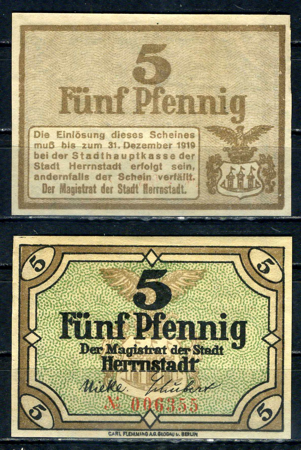 Херрнштадт (Силезия) 5 пфеннигов 1920 бумага UNC (пресс) 7555-44-1-1