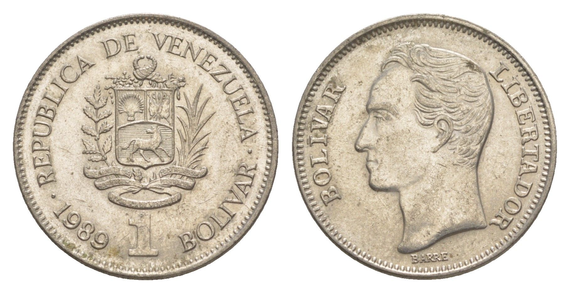 Венесуэла 1 боливар 1989 Симон Боливар, толстый шрифт Y 52a.2 сталь плакированная никелем 4586-1252