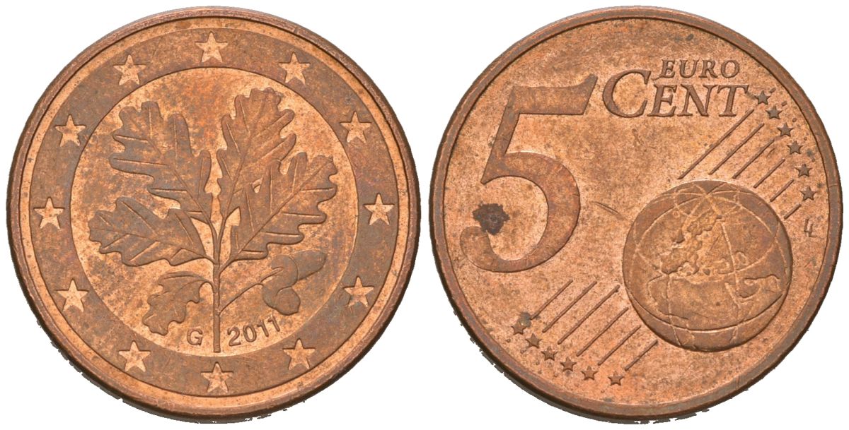 Германия 5 евроцентов 2011 G KM 209 сталь плакированная медью 3334-423