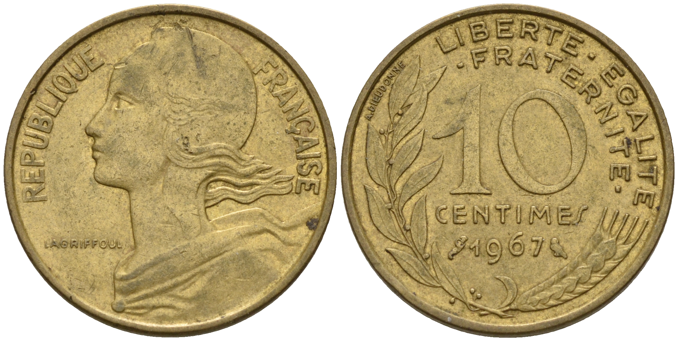 Франция 10 сантимов 1967 тип Marianne KM 929 алюминиевая бронза    4602-554