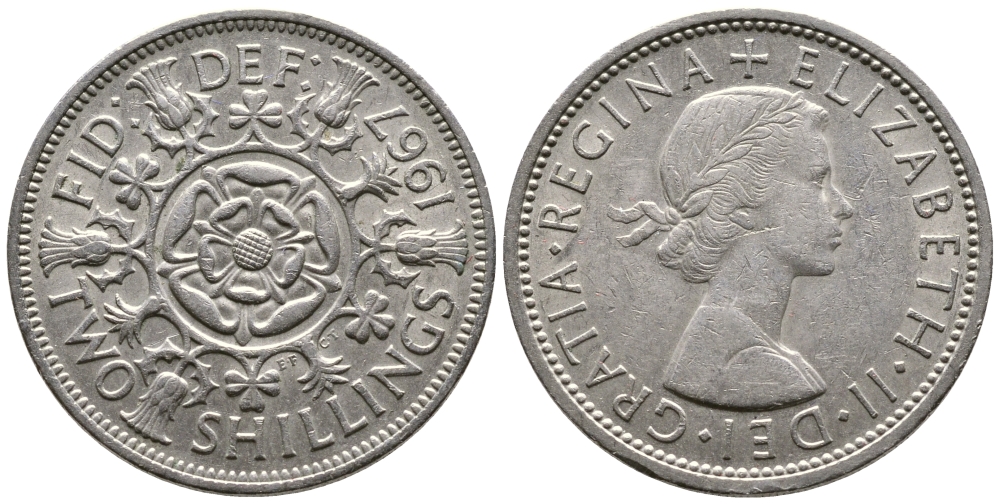 Великобритания 2 шиллинга (флорин) 1967 Елизавета II (1952-2022) KM 906, Spink 4146 медно-никель 177-934