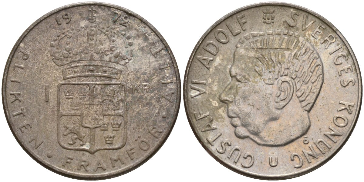 Швеция 1 крона 1972 U, Густав VI Адольф (1950-1973) KM 826a медь плакированный медно-никелем 4150-326