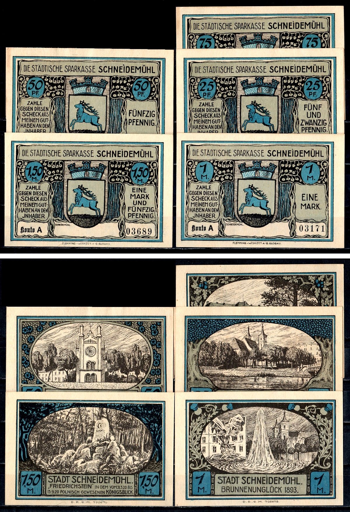 Шнейдемюль (Позен) полный набор из 5 нотгельдов (25, 50 и 75 пфеннигов; 1 и 1,5 марки) 1922 Mehl Grabowski 1191.1b бумага UNC (пресс) 7556-70-1-2