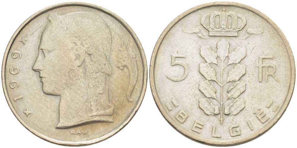 БЕЛЬГИЯ 5 ФРАНКОВ 1969 BELGIE, БОДУЭН I (1951-1993) KM 135.1 медно-никель 202-1213