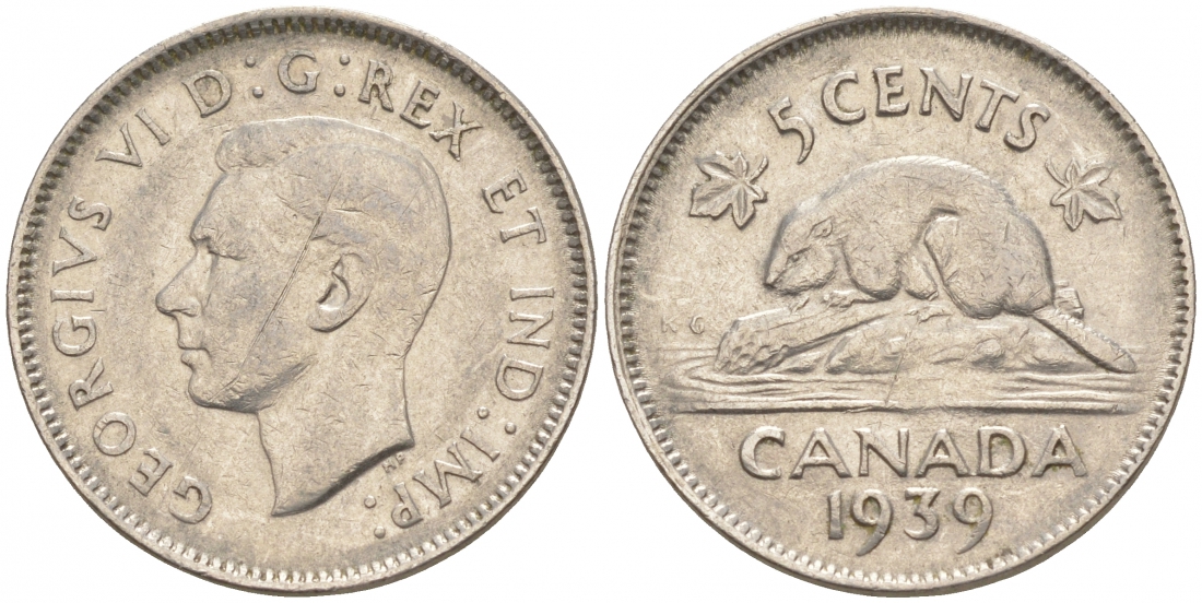 Канада 5 центов 1939 Георг VI (1937-1952), бобр KM 33 никель 73-1127