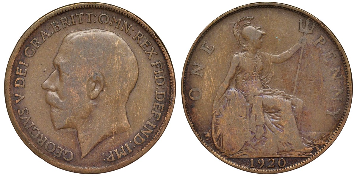 Великобритания 1 пенни 1920 Георг V (1910-1936) KM 810, Spink 4051 бронза 4123-1132