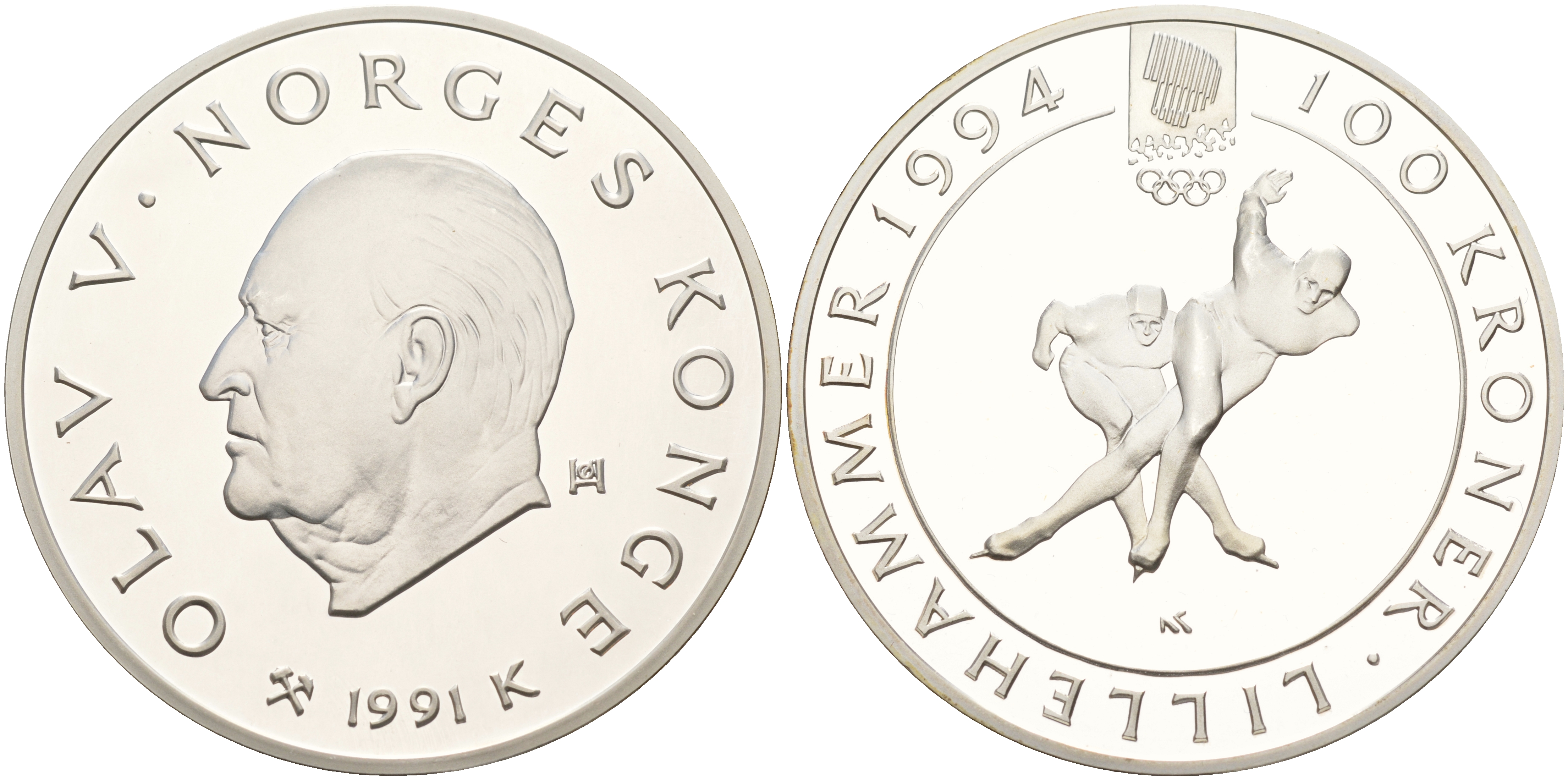 Норвегия 100 крон 1991 зимние Олимпийские игры 1994 года в Лиллехаммере, конькобежный спорт KM 434 серебро  PROOF  11-036-13