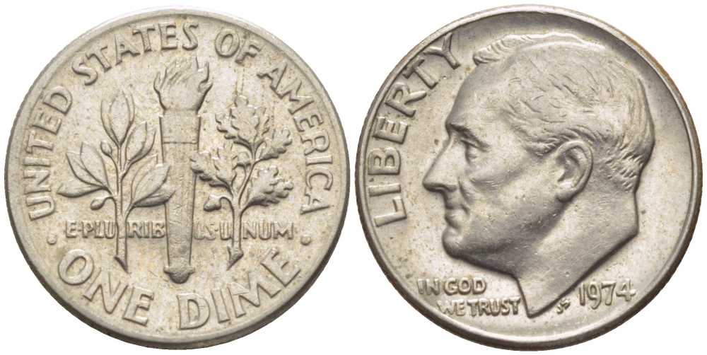 США 10 центов (дайм) 1974 Франклин Рузвельт KM 195а медь плакированная медно-никелем 116-625