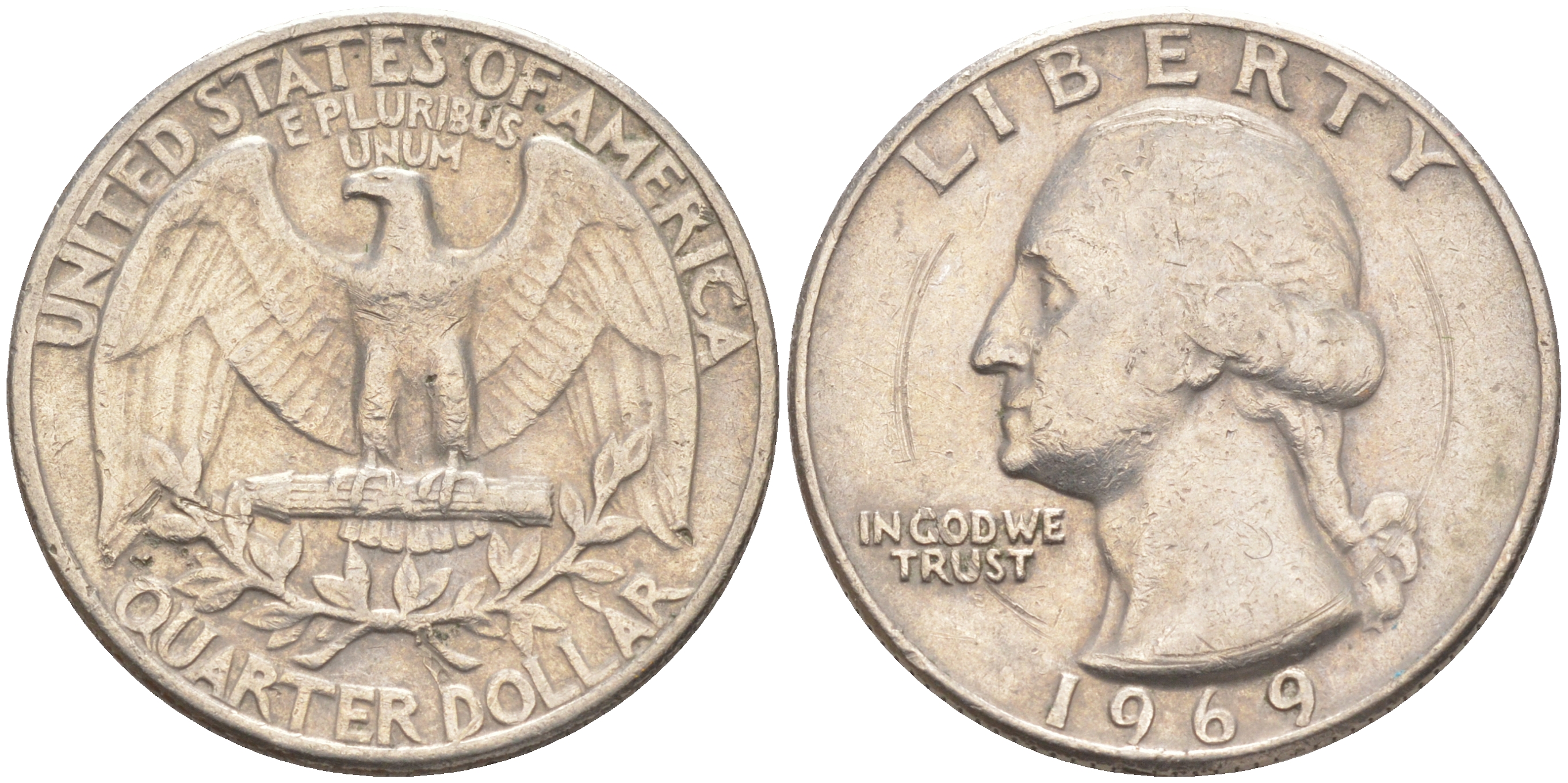 США 25 центов (квотер) 1969 Вашингтон KM 164a медь плакированная медно-никелем 84-536