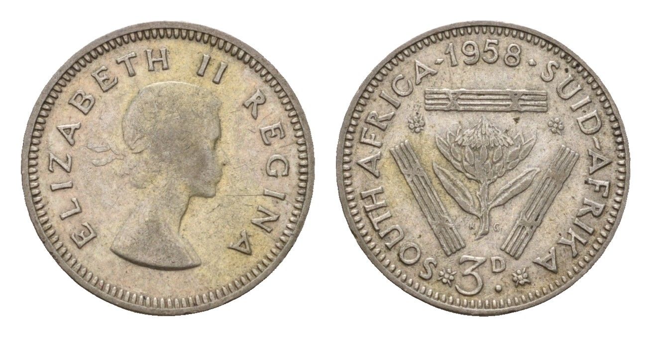 ЮАР 3 пенса 1958 Елизавета II (1952-2022) KM 47 серебро 4547-917