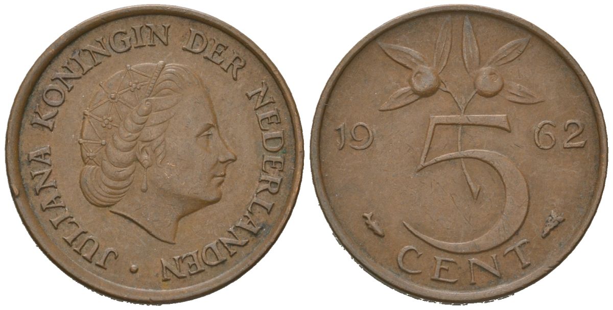 Нидерланды 5 центов 1962 Юлиана (1948-1980) KM 181 бронза 4618-358