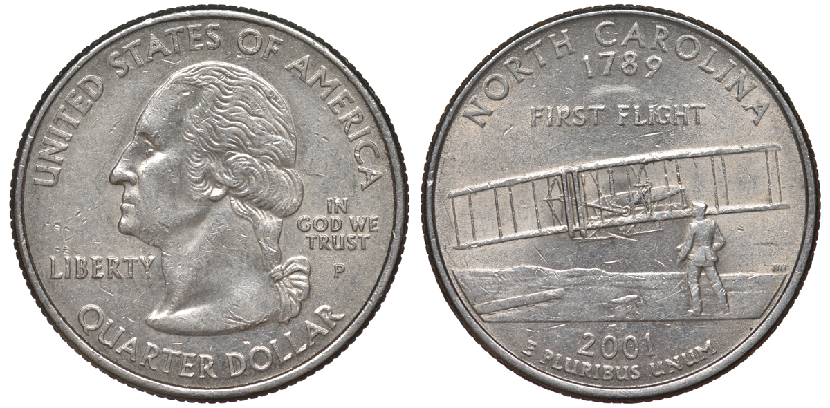 США 25 центов = квотер 2001 Р, серия штаты США, Северная Каролина KM 319 медь плакированная медно-никелем 4539-1044