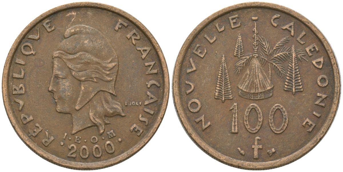 Французская Новая Каледония 100 франков 2000 хижина среди сосен и пальм, (IEOM) KM 15, Schoen 16, Lec 139d никель латунь 4144-631