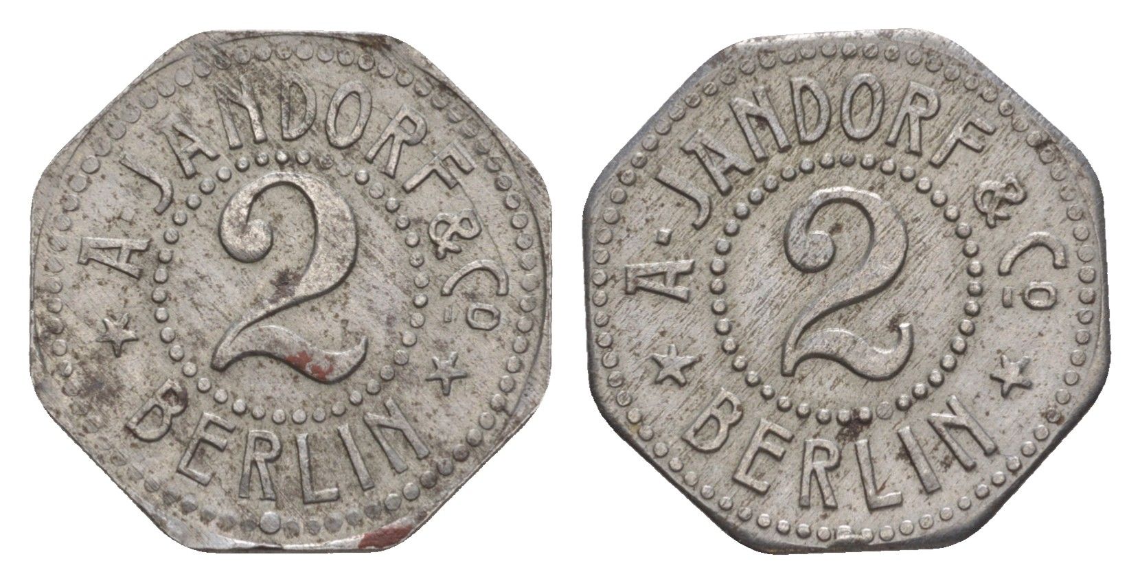 Берлин 2 пфеннига ND A. Jandorf and Co Men05 1849.2, Men18 2390.2 железо aUNC 4636-1237