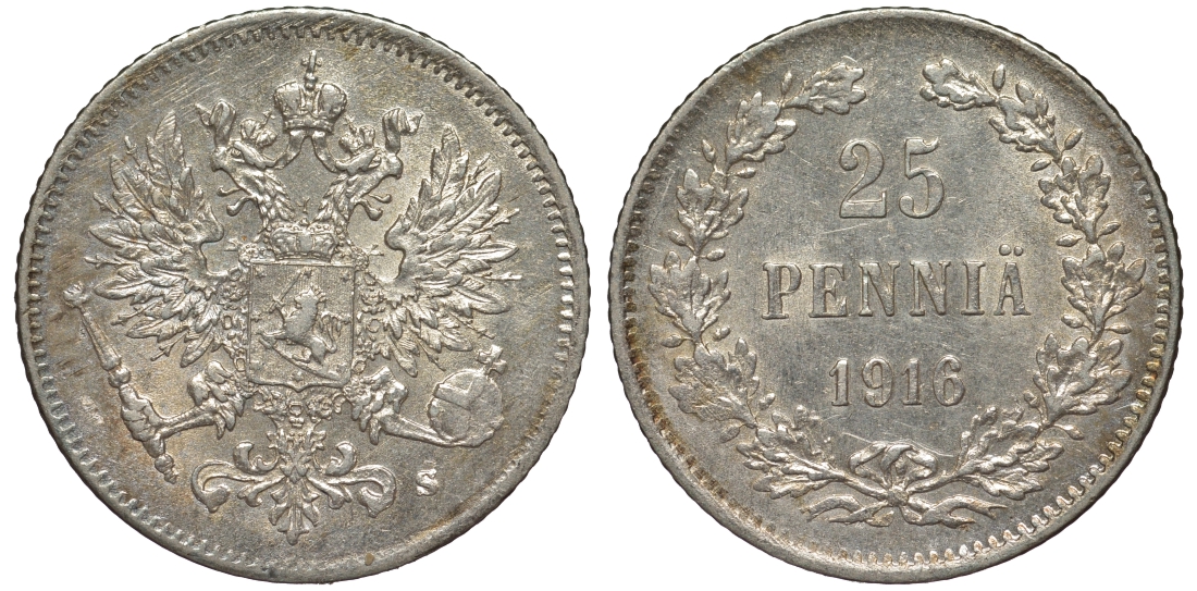 Россия для Финляндии 25 пенни 1916 S, Николай II (1894-1917) KM 6.2, Биткин 421 серебро 75-1251