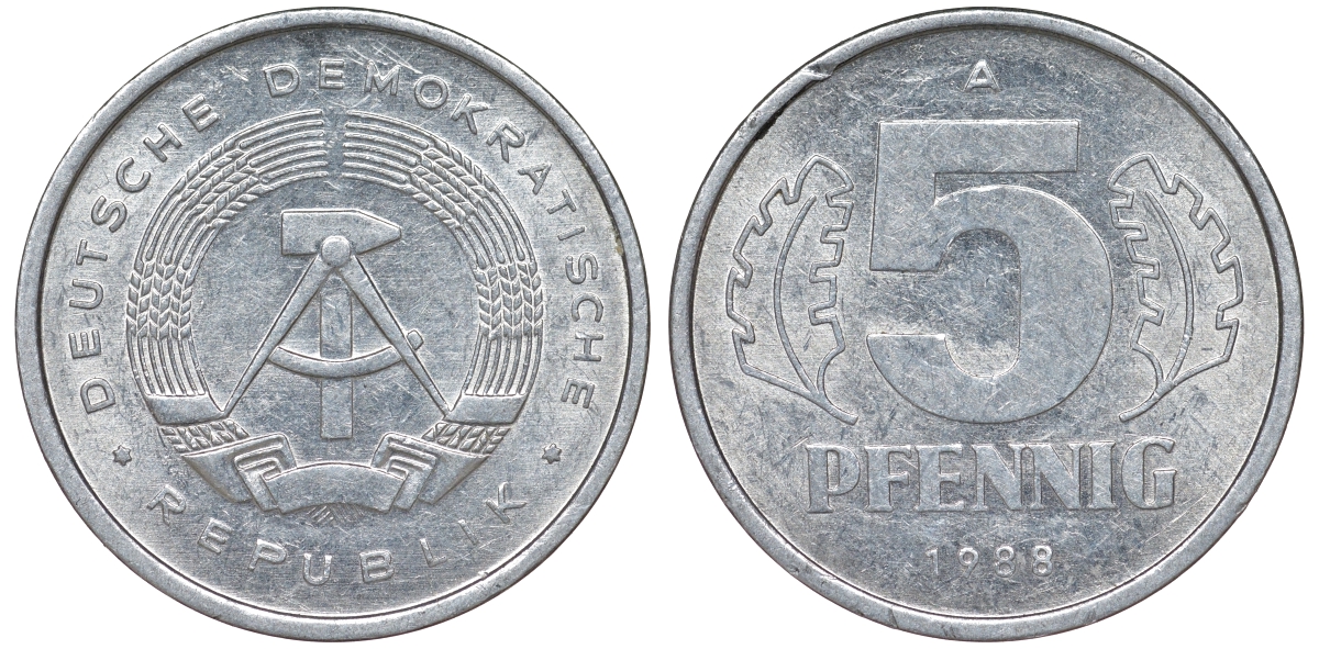 ГДР 5 ПФЕННИГОВ 1988 А алюминий 62-555
