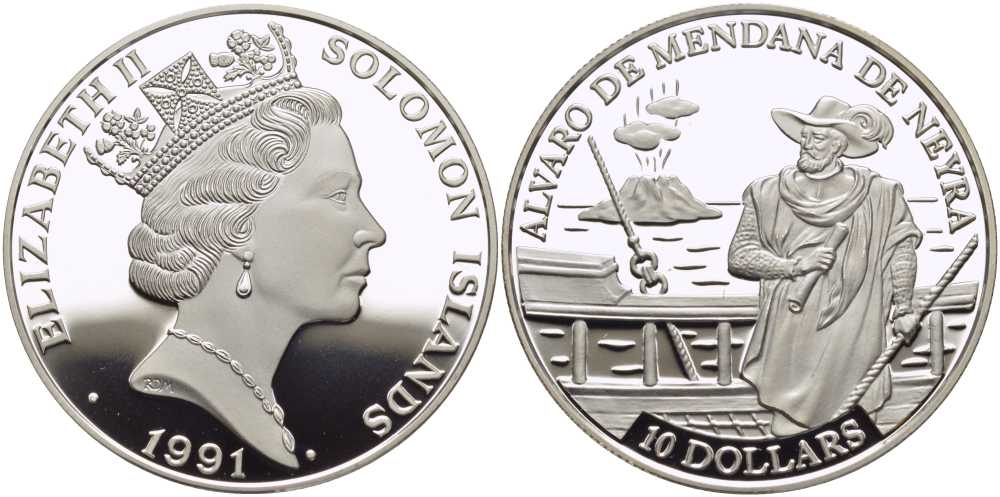 Соломоновы острова 10 долларов 1991 Альваро Менданья де Нейра (1542-1595) KM 47 серебро PROOF 00-00