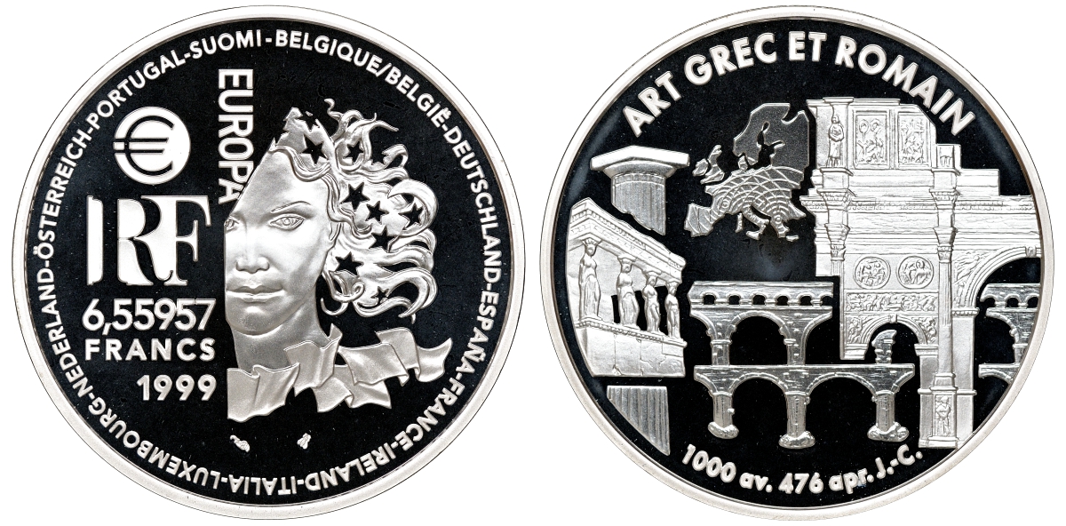 Франция 1 евро = 6,55957 франков 2000 греко-романский стиль в архитектуре (1000 до н.э.- 476 н.э.) в коробке с сертификатом KM 1244 серебро PROOF 4-3-3-10