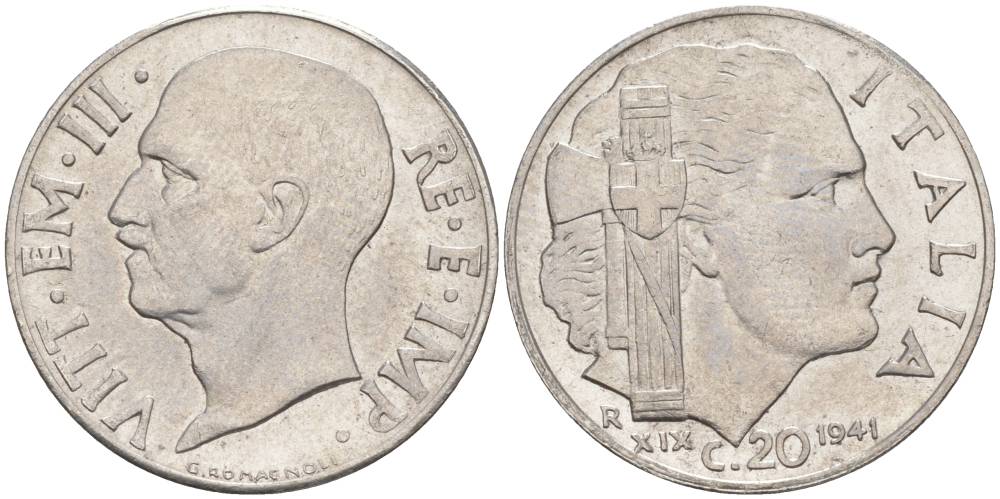 ИТАЛИЯ 20 ЧЕНТЕЗИМО 1941 R, ГОД XIX, ВИКТОР ЭММАНУИЛ III (1900-1946) KM 75b, VEM3. 1028 нержавеющая сталь 3853-756