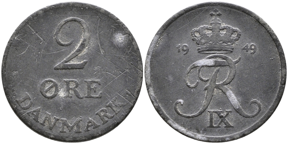 ДАНИЯ 2 ЭРЕ 1949 N; S, ФРЕДЕРИК IX (1947-1972) KM 840.1 цинк 28-1037