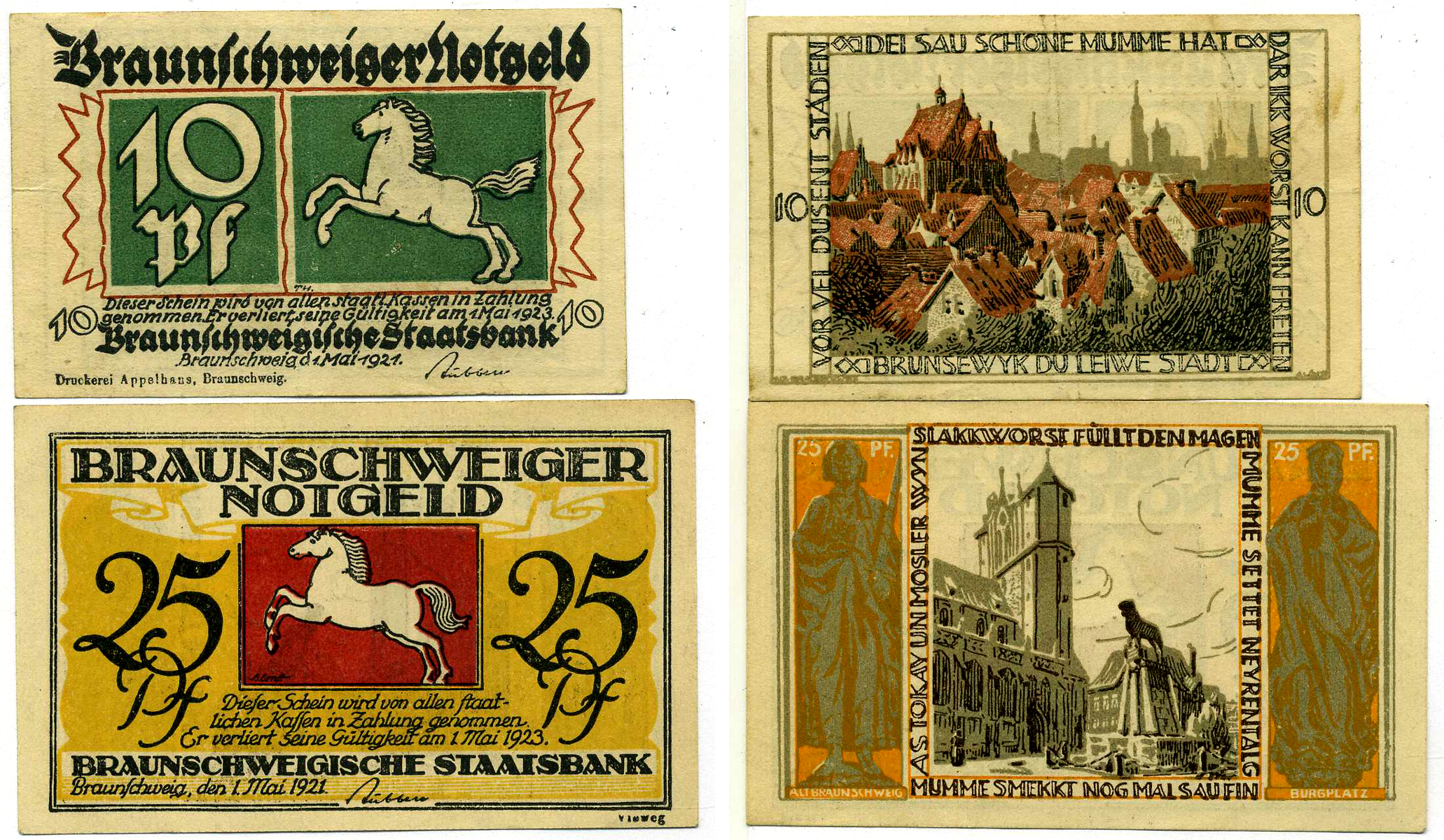 ВЕСТФАЛИЯ НАБОР ИЗ 2 БАНКНОТ 1 МАЯ 1921 - 1 МАЯ 1923, НОТГЕЛЬД (10, 25 ПФЕННИГОВ), ЗЕМЛЯ СЕВЕРНЫЙ РЕЙН-ВЕСТФАЛИЯ, СЕРИЯ ALT BRAUNSCHWEIG Grabowski 155.2 бумага 2193-7-4-2