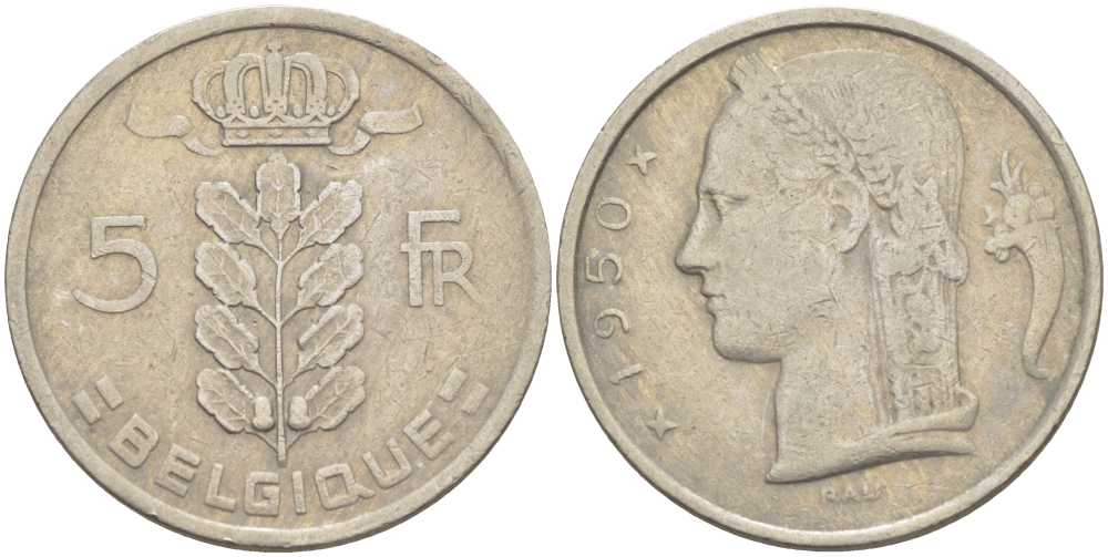 БЕЛЬГИЯ 5 ФРАНКОВ 1950 BELGIQUE, ЛЕОПОЛЬД III (1934-1950) KM 134.1 медно-никель 213-547