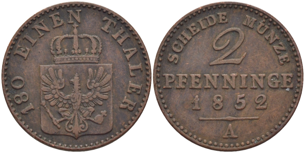 Пруссия 2 пфеннига 1852 А, Фридрих Вильгельм IV (1840-1861) KM 452, Jaeger 51, Olding 336, AKS 91 медь 100-329