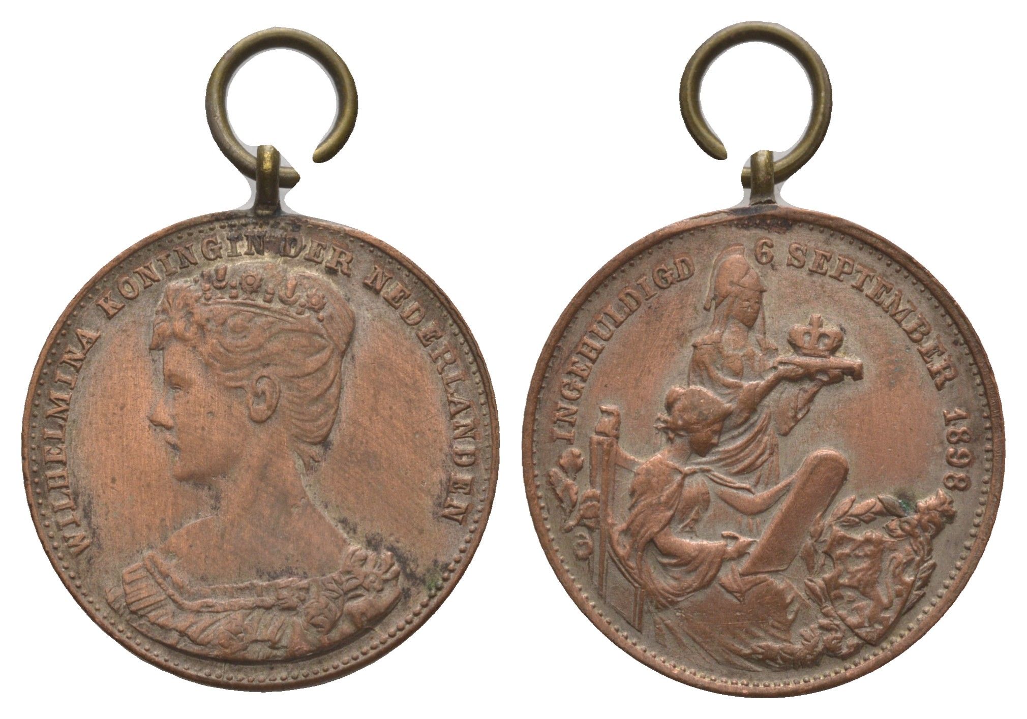 Нидерланды медаль "Коронация Вильгельмины " 1898 Коронация Вильгельмины 6 сентября 1898 года на престол Нидерландов, диаметр 25,4 мм, вес 7,08 гр медь 1515-1743